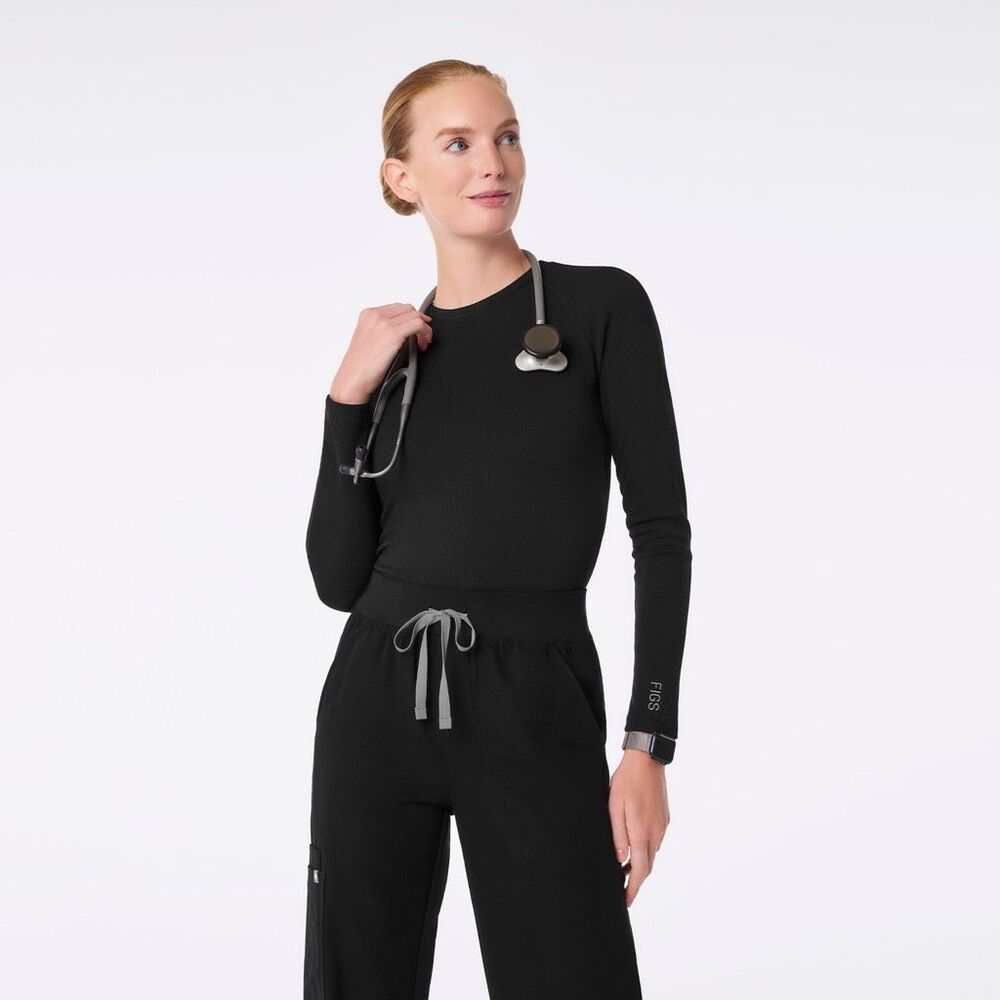 FIGS Waffle Knit Underscrub Crew Neck Black Womens M NEW - Picture 4 of 13